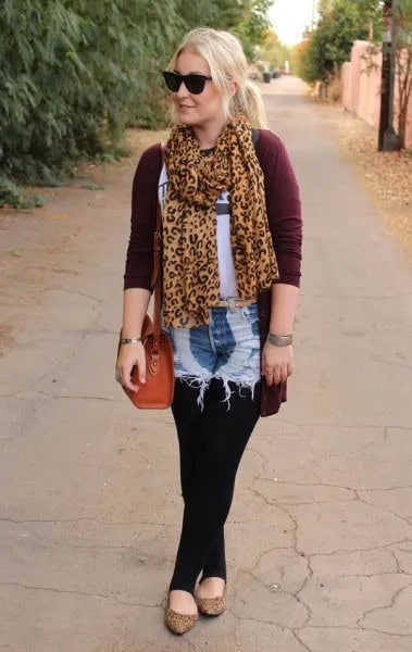 Gold and Black Leopard Print Chiffon Scarf with Black Cardigan & Washed Denim Shorts