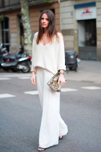 White Comfy V Neck Sweater with Palazzo Pants