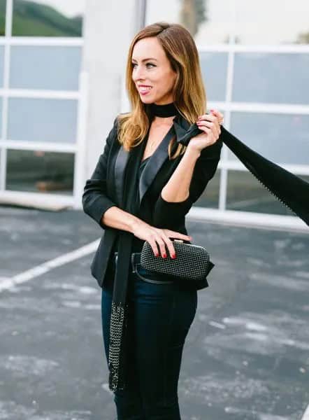 Black Blazer with Coated Jeans & Skinny Scarf