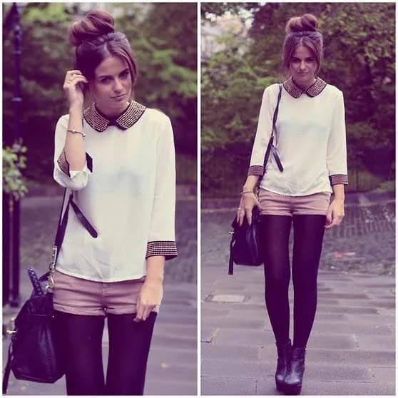 Dark Purple Leggings with White Blouse & Grey Shorts