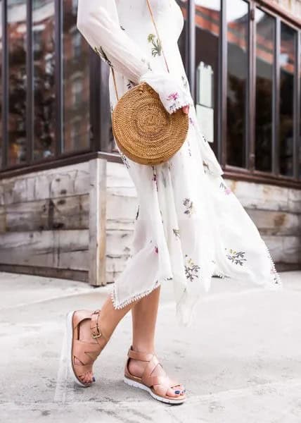 White Long Sleeve Midi Chiffon Fit and Flare Dress with Nude Walking Sandals