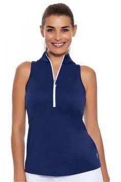 Navy Blue Zipper Sleeveless Golf Shirt with White Skinny Jeans