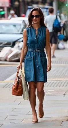 Chambray Shirt Dress with Gold Pointed Toe Heels