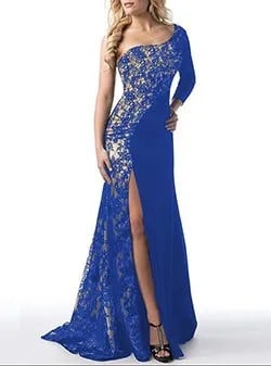 One Shoulder Royal Blue and Silver Sequin High Slit Gown