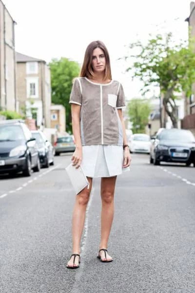 Grey Top with White Mini Skater Skirt & Black Flip Flops