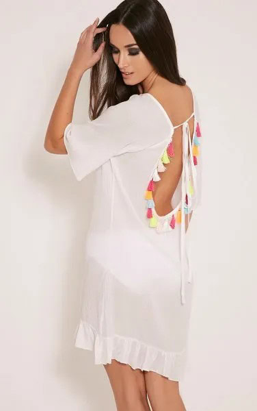 White Backless Chiffon Tassel Dress