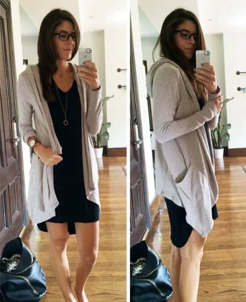 Grey Long Hooded Cardigan with Black Shift Mini Dress