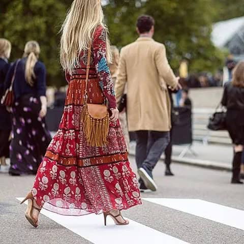 Red Tribal Printed Chiffon Long Dress with Brown Nifty Leather Fringe Purse