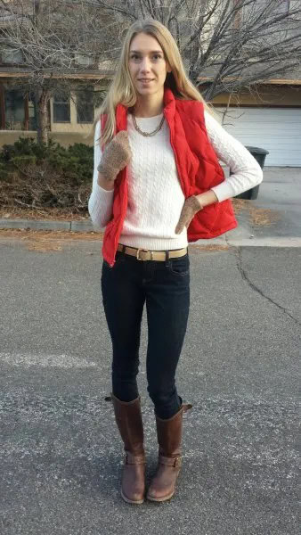 Red Vest with White Cable Knit Crew Neck Sweater with Black Skinny Jeans