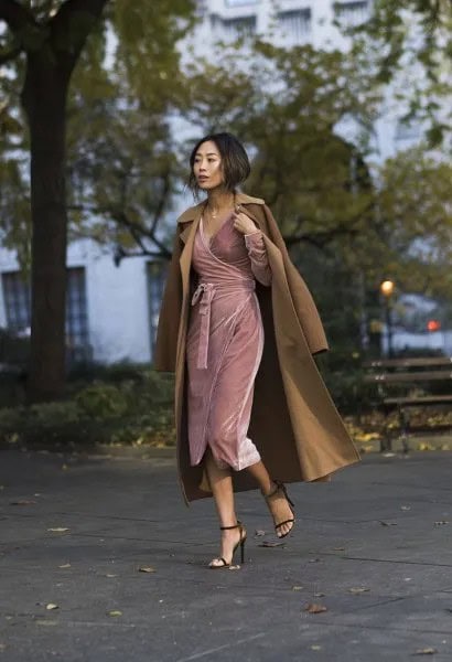 Pale Pink Midi Velvet Dress with Maxi Camel Wool Coat