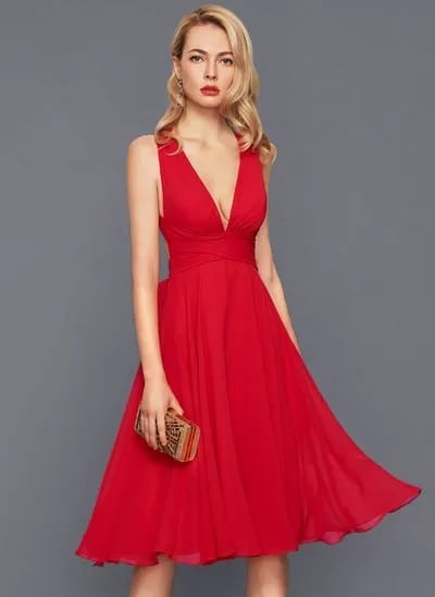 Red Deep V Neck Fit and Flare Midi Dress with Clutch Purse