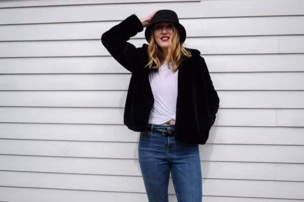 Black Bucket Hat with Wool Blazer & Knotted White Tee