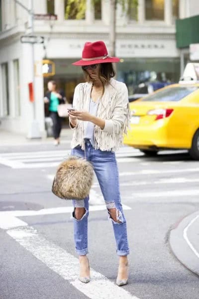 White Short Suede Jacket with Green Felt Hat