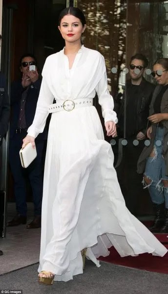 White Long Sleeve Floor Length Flared Dress with Matching Belt