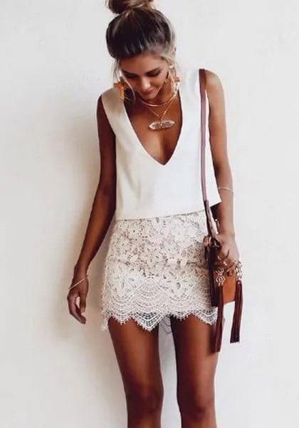 White Sleeveless Plunging Neck Line Two Piece Lace Dress