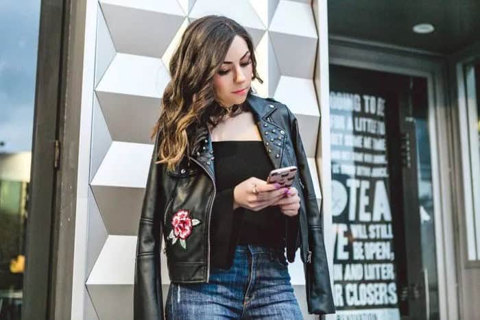 Black Off The Shoulder Blouse with Embroidered Leather Jacket