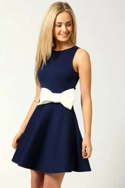 Fit and Flare Ribbon Waist Navy Blue Short Dress