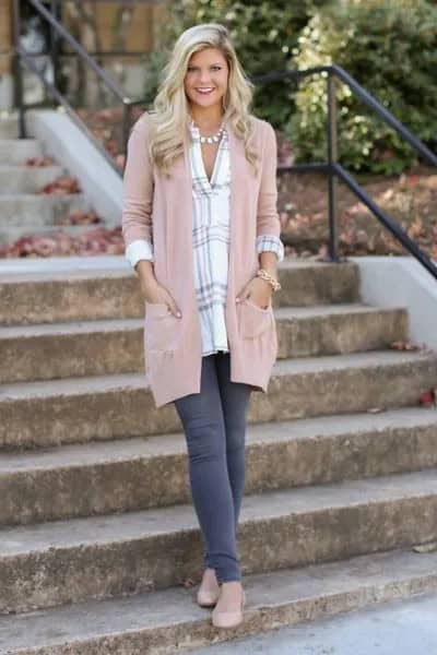 Blush Pink Duster Sweater with Blue and White Plaid Tunic Top