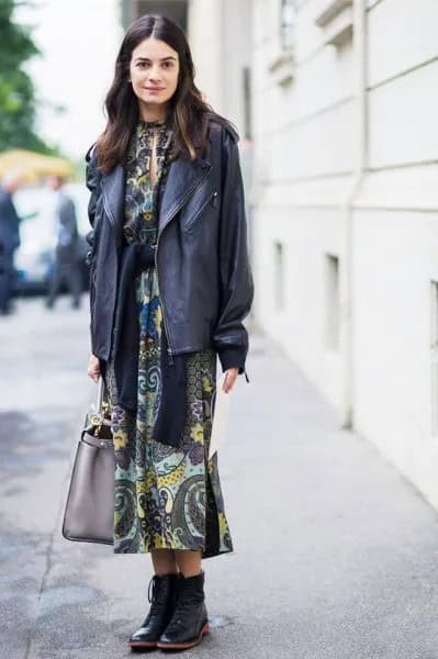 Black Leather Coat with Tribal Printed Maxi Dress