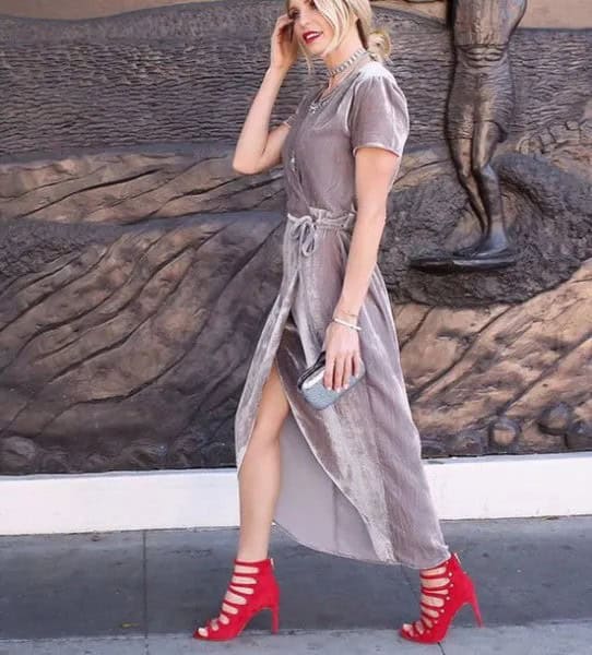 Grey Velvet Wrap Maxi Dress with Red Strappy Heels