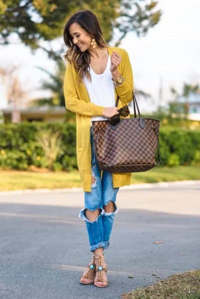 Longline Mustard Cardigan with Ripped Boyfriend Jeans