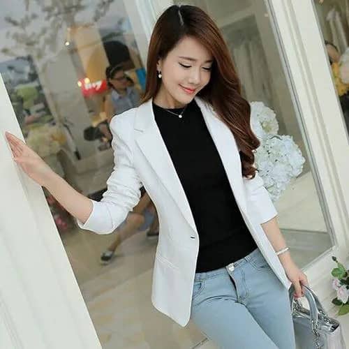 White Blazer with Black Crew Neck Sweater & Light Blue Jeans