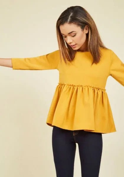 Yellow Peplum Blouse with Dark Blue Skinny Jeans