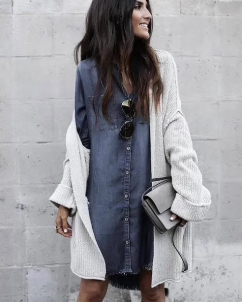 Grey Denim Shirt Dress with White Ribbed Long Cardigan