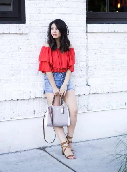 Red Ruffle Top with Denim Shorts