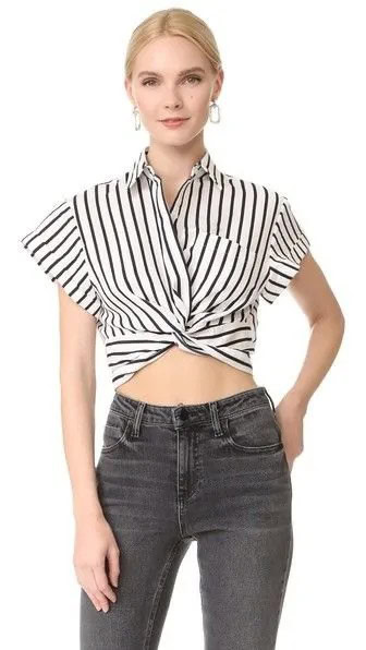 Black and White Cap Sleeve Cropped Twist Front Top with Grey Jeans