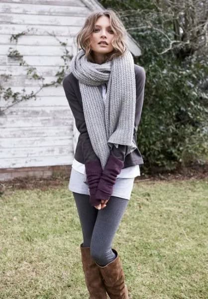 Grey Knit Scarf with Cardigan & Sweater Leggings