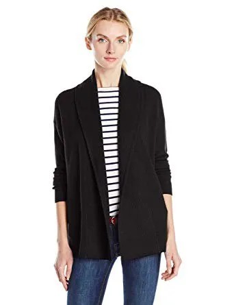 Black Shawl Cardigan with Striped Crew Neck Tee