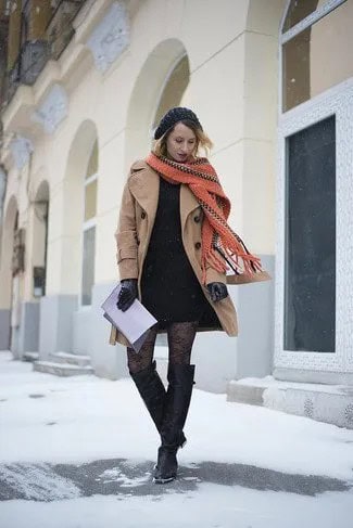 Blush Pink Wool Coat with Black Mini Shift Dress