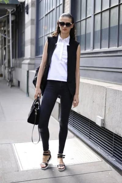 Black Sleeveless Blazer with White Sleeveless Button Up Shirt