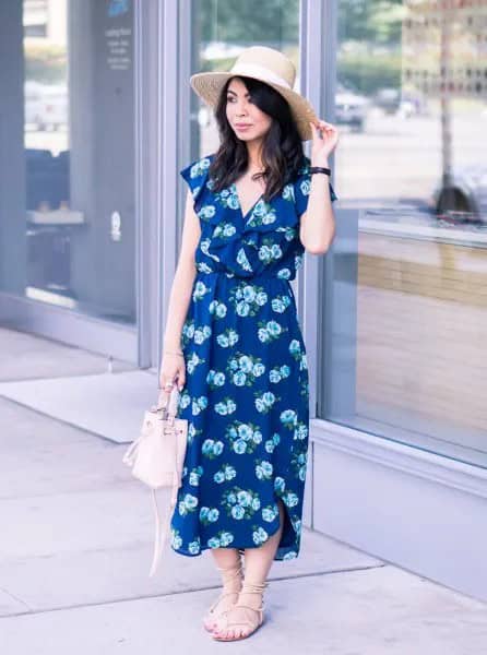 Navy Blue Floral Printed V Neck Midi Dress with Strappy Sandals