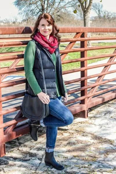 Green Cowl Neck Sweater with Black Quilted Vest