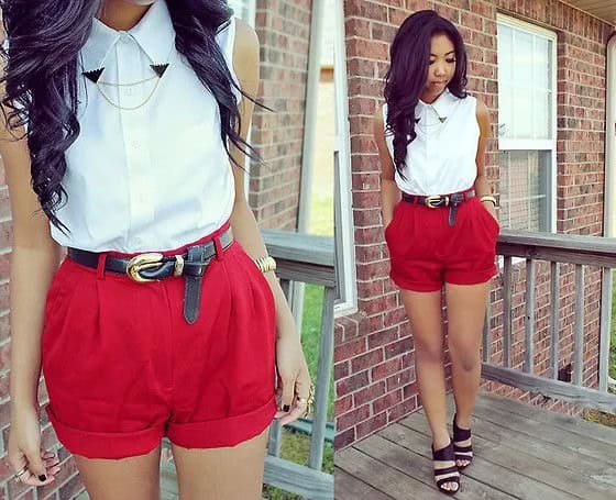 White Sleeveless Button Up Shirt with Red High Waisted Shorts