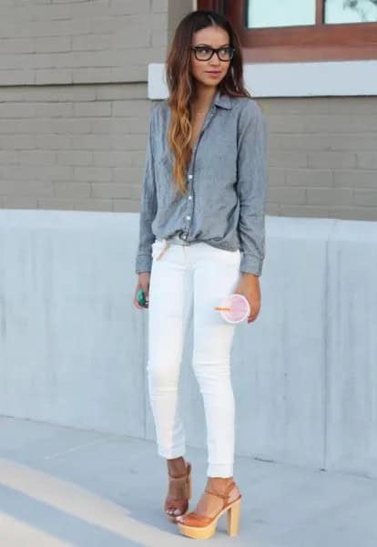 Grey Shirt with White Skinny Jeans