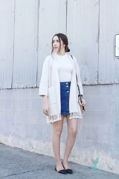 White Fringe Cardigan with Blue Mini Denim Skirt