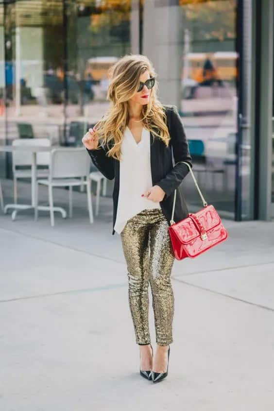 Black Blazer and Sequin Leggings