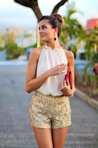 White Halter Chiffon Top with Pink Embroidered Silk Dressy Shorts