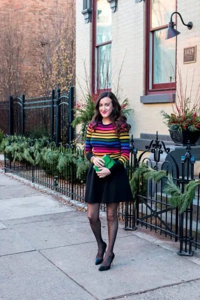 Royal Blue and Yellow Striped Sweater with Black Mini Skater Skirt