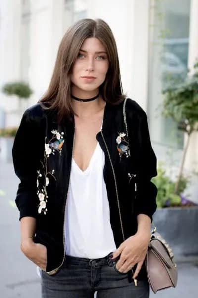 Bomber Jacket with Low Cut White Vest top & Black Choker