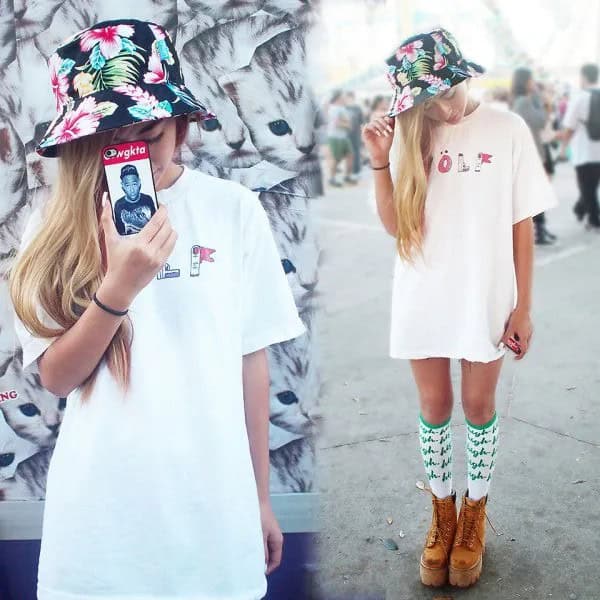 Black Floral Bucket Hat with White T Shirt Dress