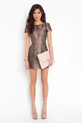 Grey Fit and Flare Mini Metallic Dress with Pale Pink Leather Clutch Bag