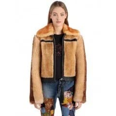 Brown Shearling Jacket with Embroidered Blue Jeans