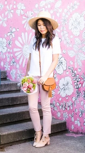 White Tee with Pink Jeans & Straw Hat