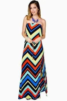 Blue, Red and Yellow Maxi Tube Dress with Open Toe Heels