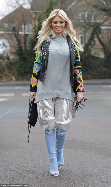 Black Printed Studded Leather Jacket with Silver Shorts & Light Blue Denim Open Toe Knee High Boots