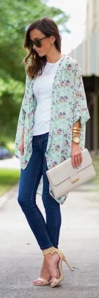 White Floral Chiffon Cardigan with White T Shirt & Blue Skinny Jeans